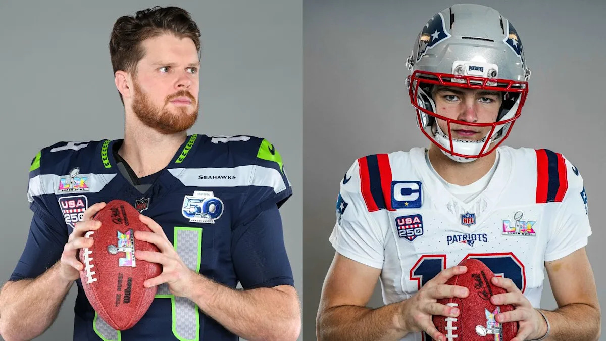 El corredor de los Seahawks tiene un look completamente azul marino para el Super Bowl LX contra los Patriots, vistiendo una combinación de camiseta y pantalones blancos.