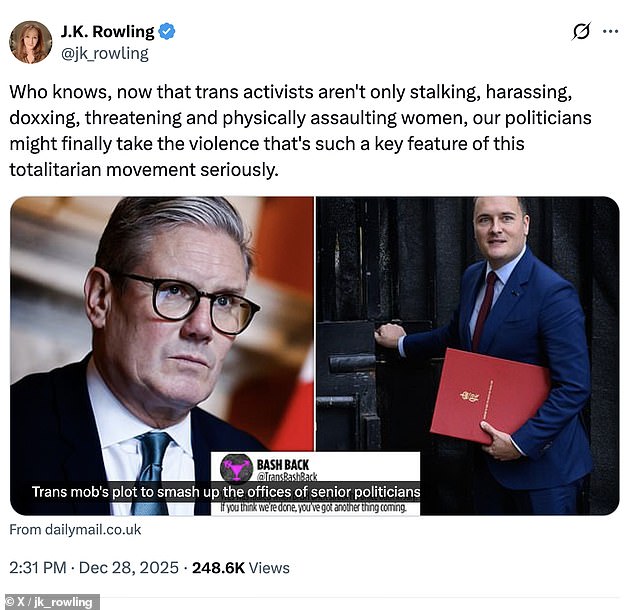 JK Rowling ha dicho a los políticos que se tomen en serio las amenazas de los activistas trans después de que el Mail revelara planes para destrozar las oficinas de ministros de alto rango.