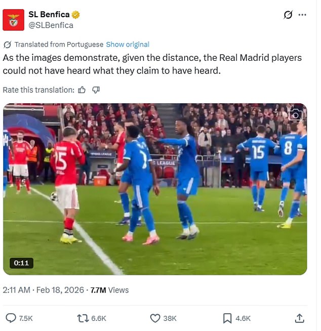 El Benfica publicó nuevas imágenes racistas en una increíble declaración pública de que los jugadores del Real Madrid están mintiendo sobre el abuso de Vinicius Jr – Publicado a las 2 am