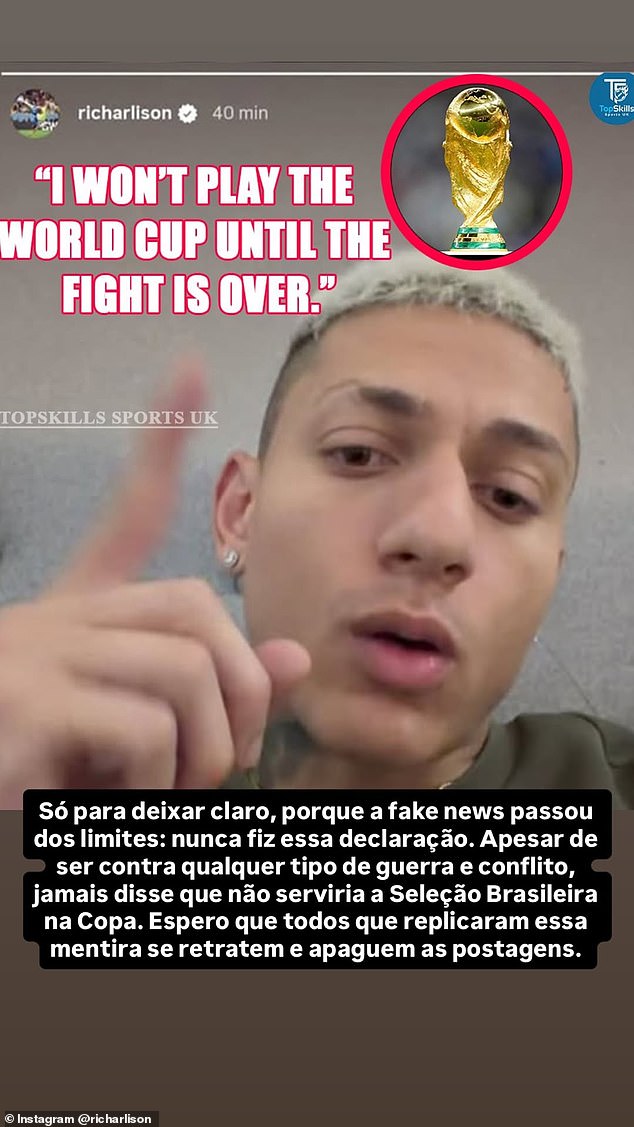 Richarlison responde después de una afirmación ‘falsa’ sobre la Copa del Mundo: la estrella de los Spurs responde enojado a las afirmaciones de que se negará a jugar con Brasil en EE. UU. después de los ataques de EE. UU.