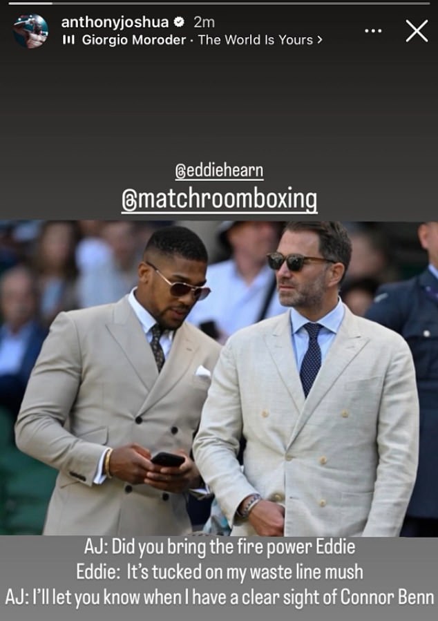 Anthony Joshua critica a Conor Benn en una publicación de Instagram mientras el británico muestra su apoyo al promotor Eddie Hearn después de que su ex compañero de cuadra dejó Matchroom por su rival Zuffa Boxing.