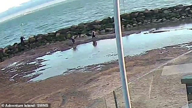 Momento en que madre e hija se salvan de arenas movedizas hasta la cintura por la marea alta en un balneario