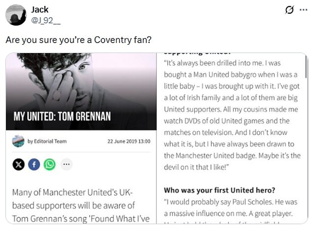 ‘Mi abuela es de Cov’: Tom Grennan instó a buscar la gloria después de celebrar el ascenso del Coventry City… a pesar de que afirmó ser fanático del Man United y del Luton