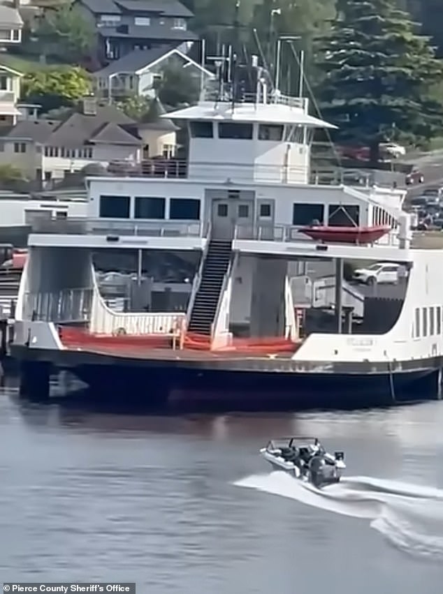 Un navegante sospechoso ebrio es fotografiado huyendo detrás del volante de un barco a toda velocidad y rugiendo hacia una violenta colisión con Stone Dock