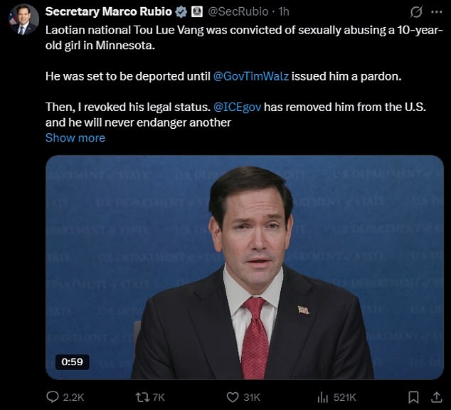 La administración Trump deportó a un inmigrante ilegal pedófilo semanas después de que el gobernador de Minnesota, Tim Walz, lo perdonara para permanecer en Estados Unidos tras ser declarado culpable de violar a una niña de 10 años.