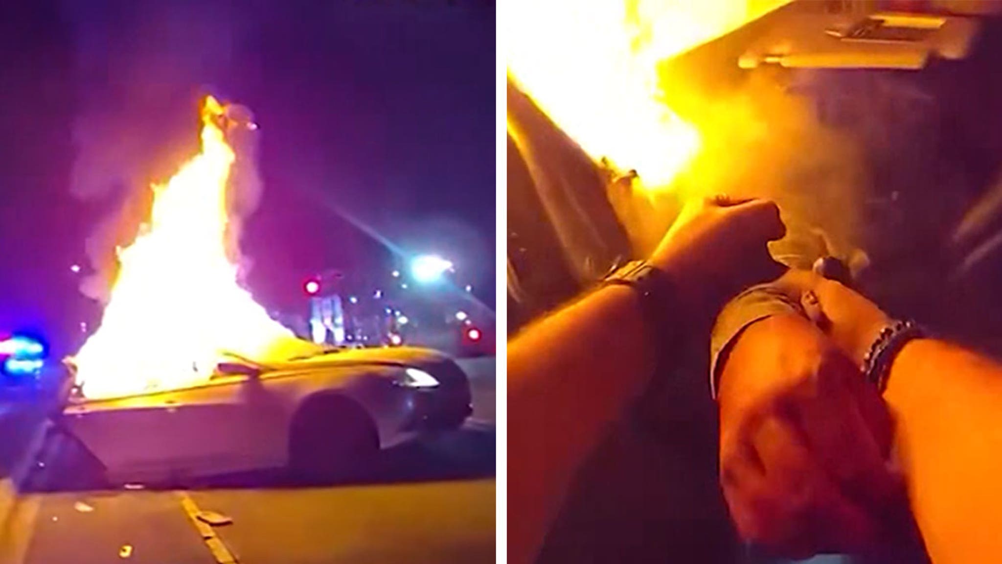 Un oficial de policía saca a una mujer de un vehículo en llamas después de un accidente de robo, muestra un video