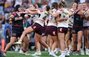 Los fanáticos dicen que los gallos han sido “robados” en el gran final de NRLW cuando estalla la pelea mientras Broncos celebra las dramáticas ganancias