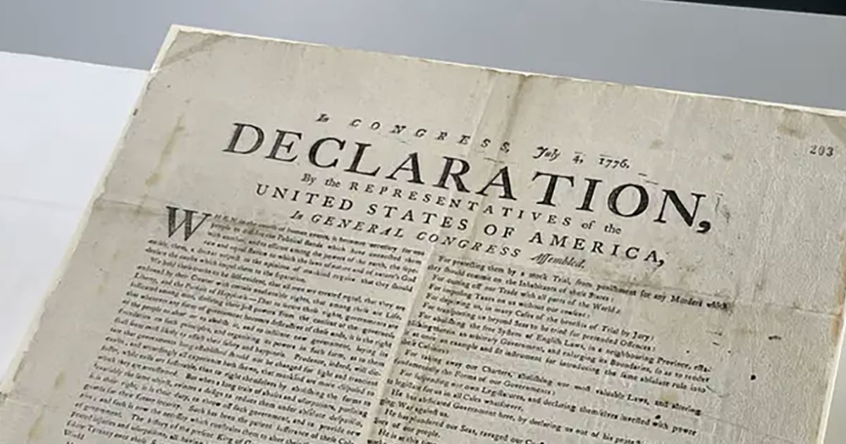 Una copia de la Declaración de Independencia incautada por los británicos en 1776 y descubierta en Londres.