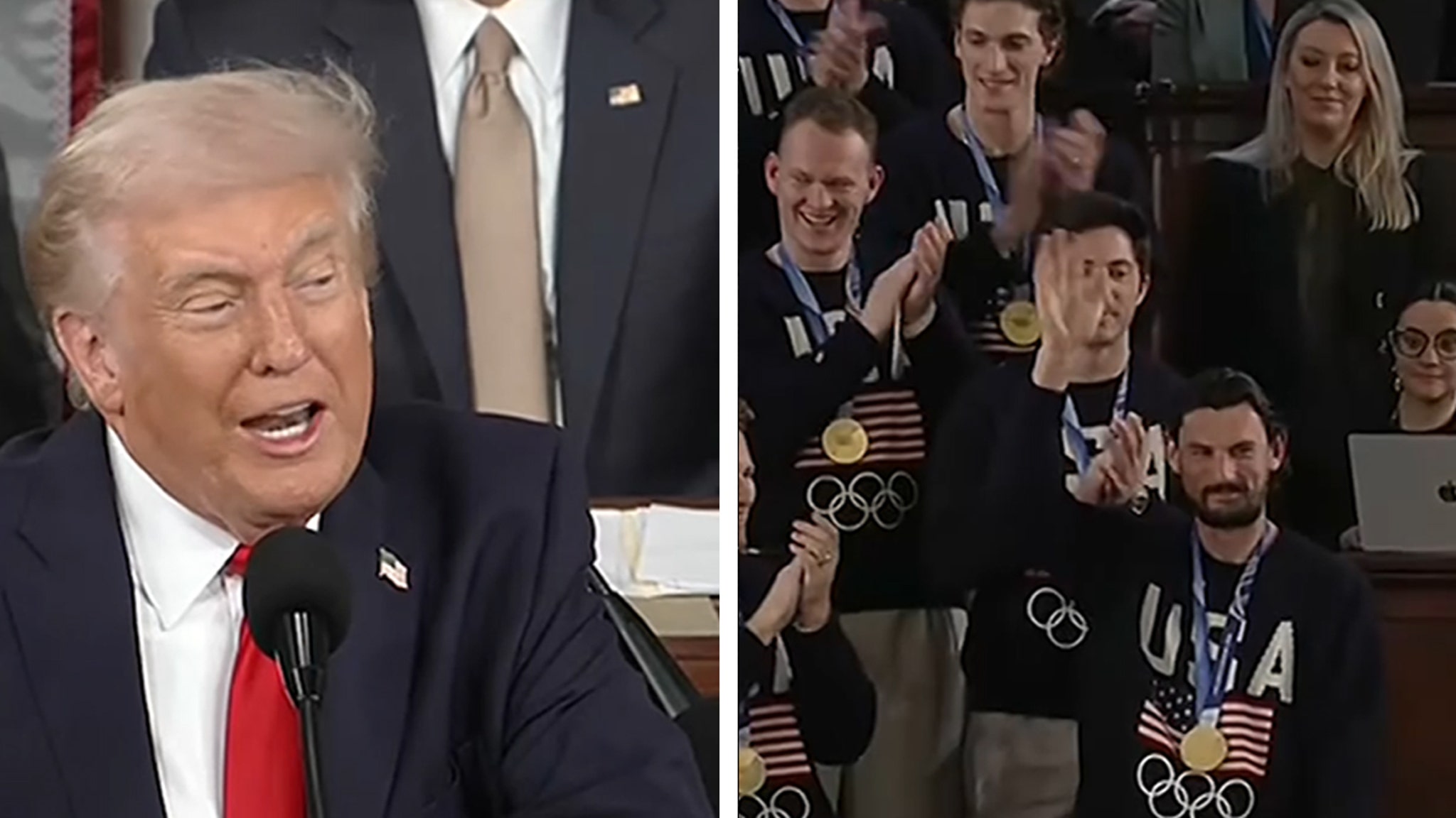 El presidente Trump presenta al equipo de hockey de EE. UU. durante el discurso del Estado de la Unión