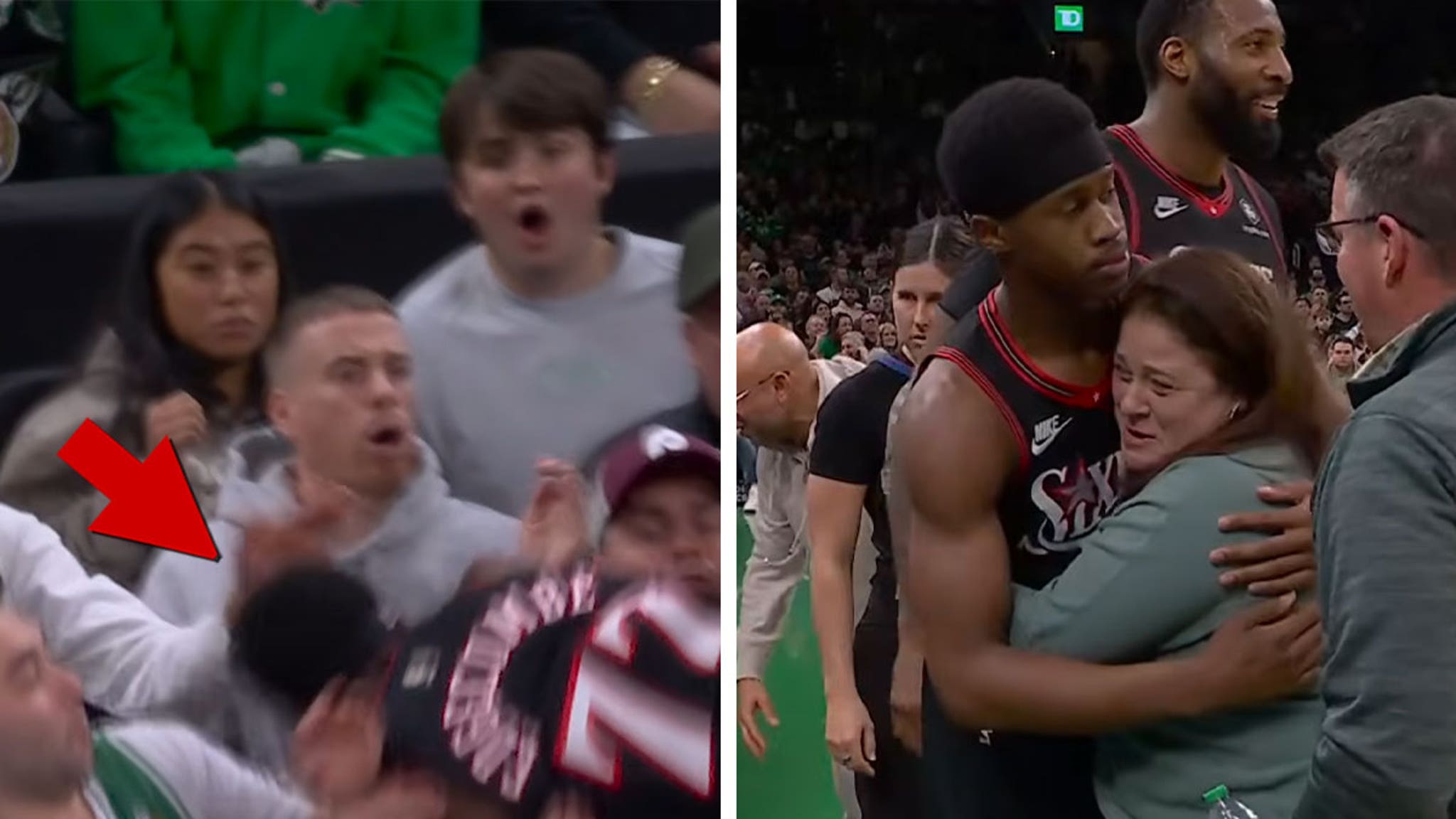 Sixers VJ Edgecombe abraza a una mujer después de una colisión en el campo